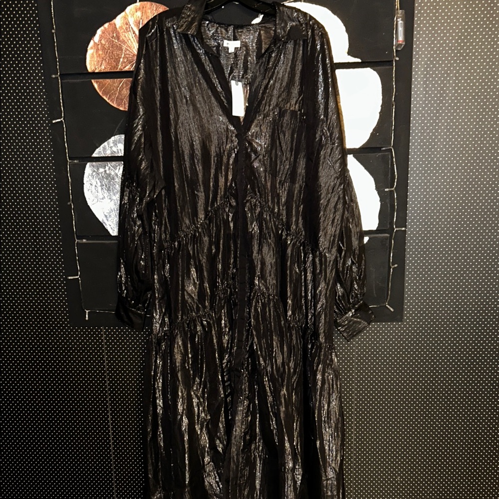 Anthropologie Shimmery Black Tiered Long-Sleeve Maxi Dress